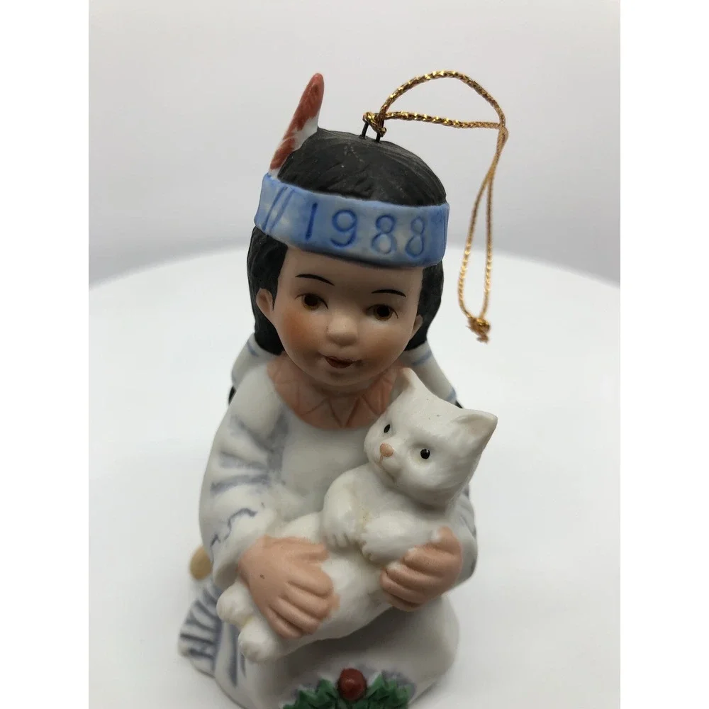 GREGORY PERILLO'S SAGEBRUSH KIDS 1988 BELL CHRISTMAS ORNAMENT BISQUE NATIVE &CAT